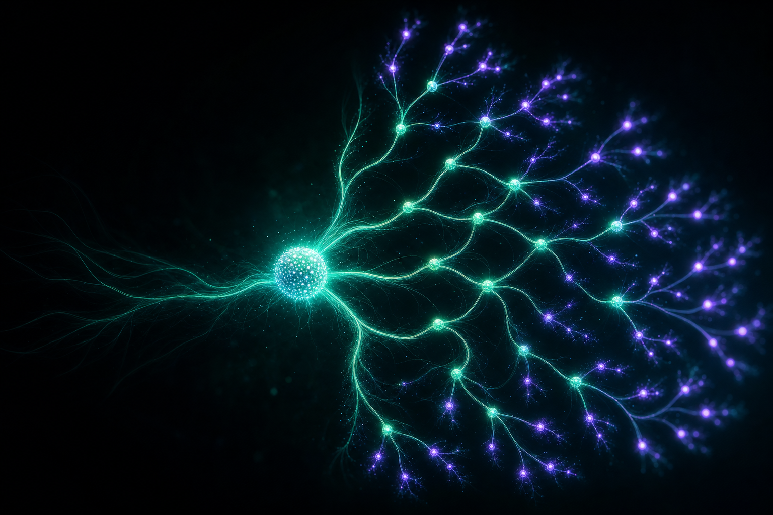agenticow: A single glowing base-memory orb forking into a radiant DAG of weightless branches, bioluminescent teal-and-green with violet branch-nodes, on a deep optical-black substrate.